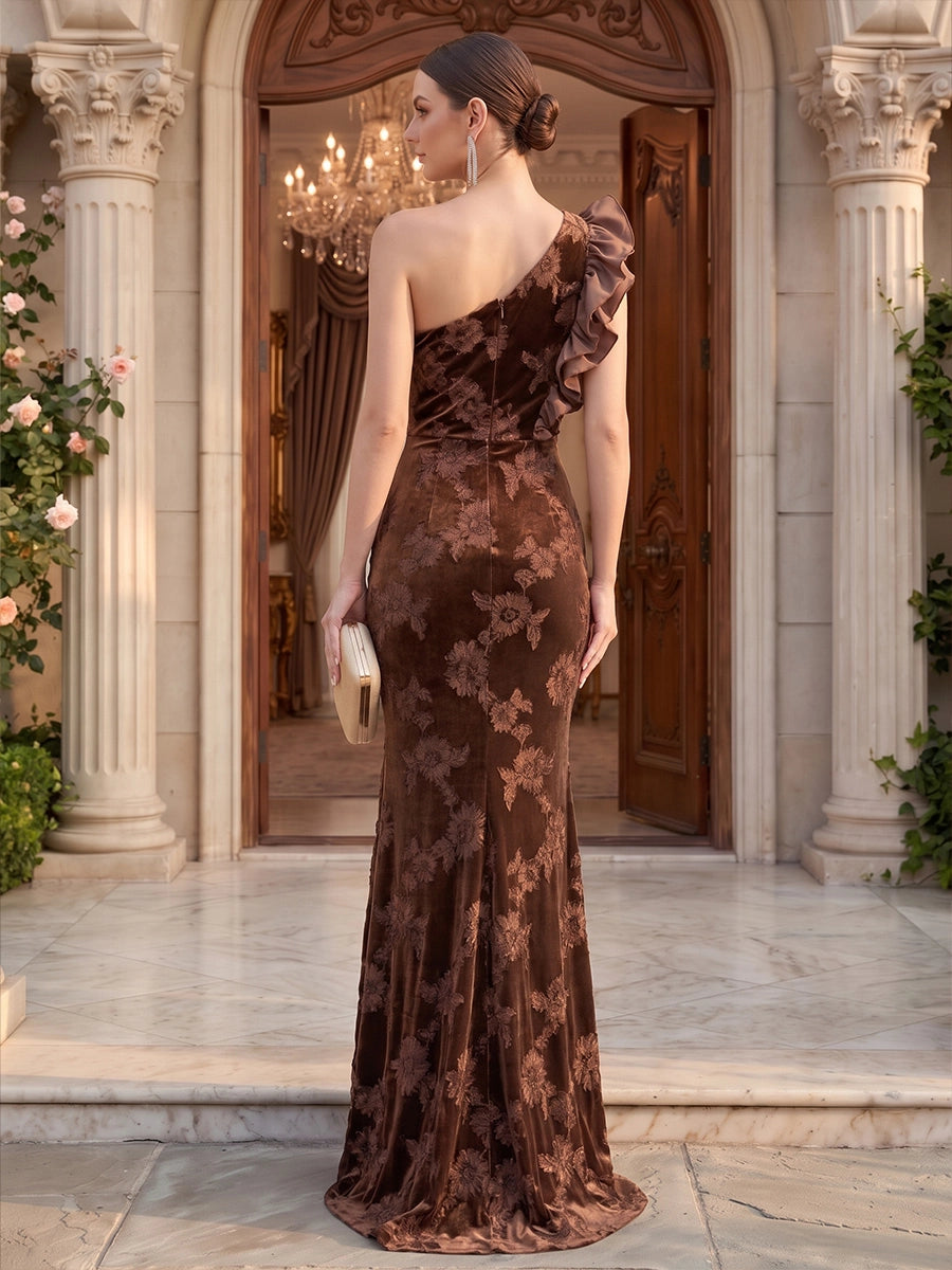 Trumpet/Mermaid One-Shoulder Velvet Floral Evening Dresses Floor-Length Ruffles Sleeveless Formal Dresses