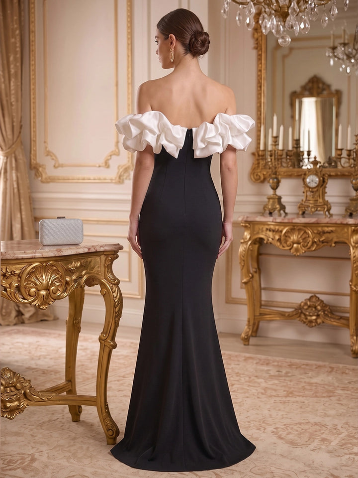 Trumpet/Mermaid Off-the-Shoulder Stretch Satin Evening Dresses Ruffles Floor-Length Sleeveless Formal Dresses