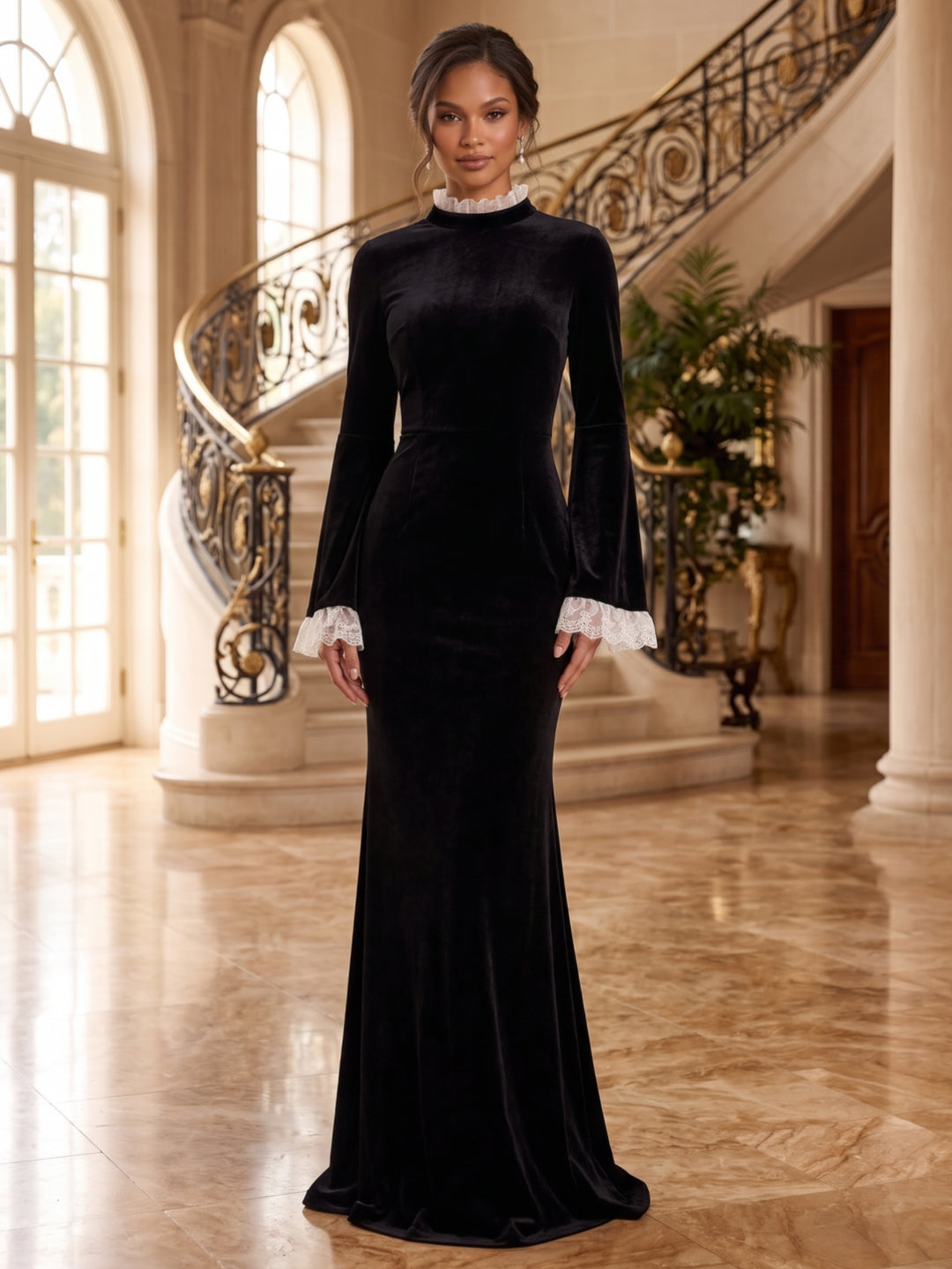 Sheath/Column Mock Neck Velvet Evening Dresses Lace Floor-Length Long Sleeves Formal Dresses