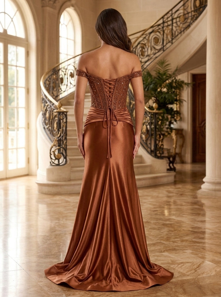 A-Line/Princess Off-the-Shoulder Satin Evening Dresses with Split Side Sequins Floor-Length Sleeveless Formal Dresses