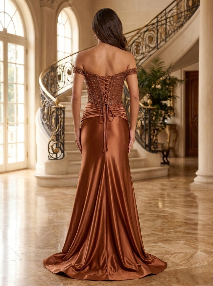 A-Line/Princess Off-the-Shoulder Satin Evening Dresses with Split Side Sequins Floor-Length Sleeveless Formal Dresses