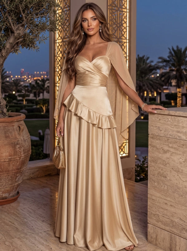A-Line/Princess Sweetheart Silk Satin Evening Dresses Cape Sleeves Ruffles Floor-Length Formal Dresses