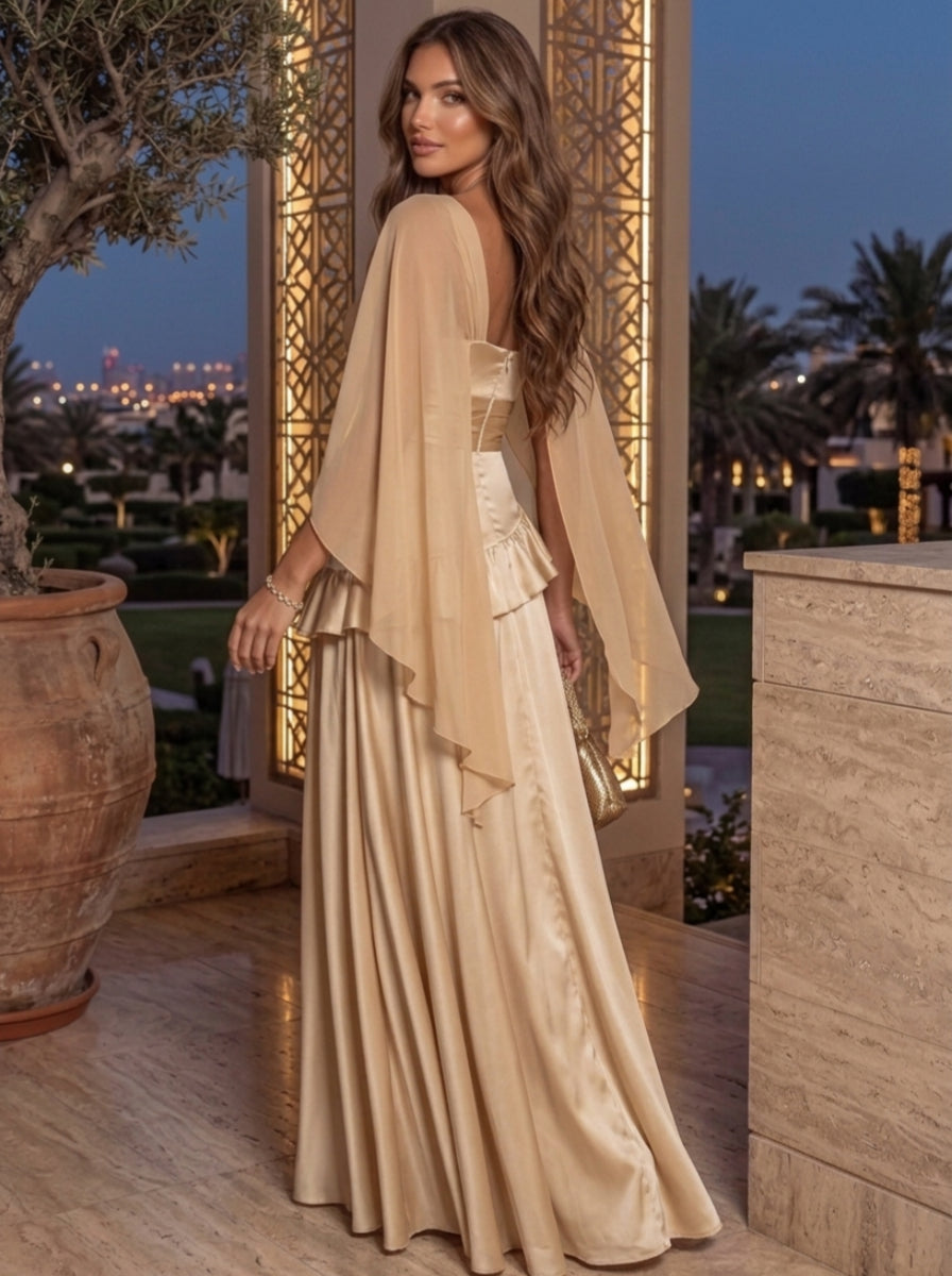 A-Line/Princess Sweetheart Silk Satin Evening Dresses Cape Sleeves Ruffles Floor-Length Formal Dresses