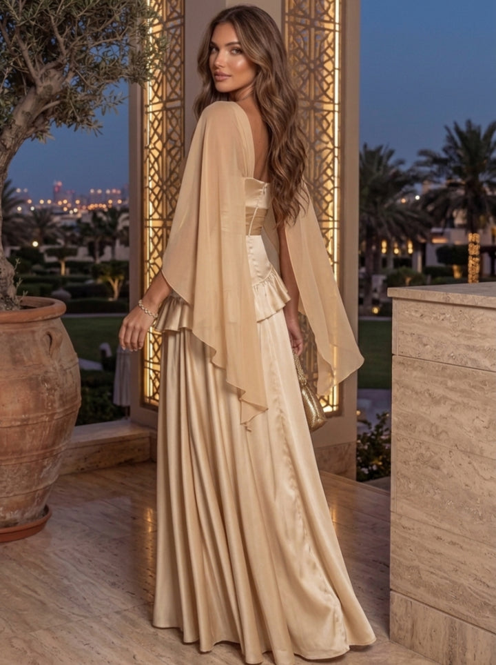 A-Line/Princess Sweetheart Silk Satin Evening Dresses Cape Sleeves Ruffles Floor-Length Formal Dresses