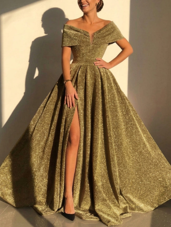 A-Line/Princess Off-the-Shoulder Sequins Evening Dresses with Split Side Floor-Length Sleeveless Formal Dresses