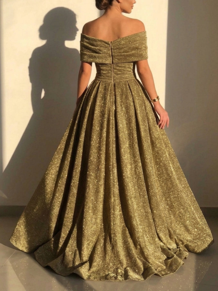 A-Line/Princess Off-the-Shoulder Sequins Evening Dresses with Split Side Floor-Length Sleeveless Formal Dresses