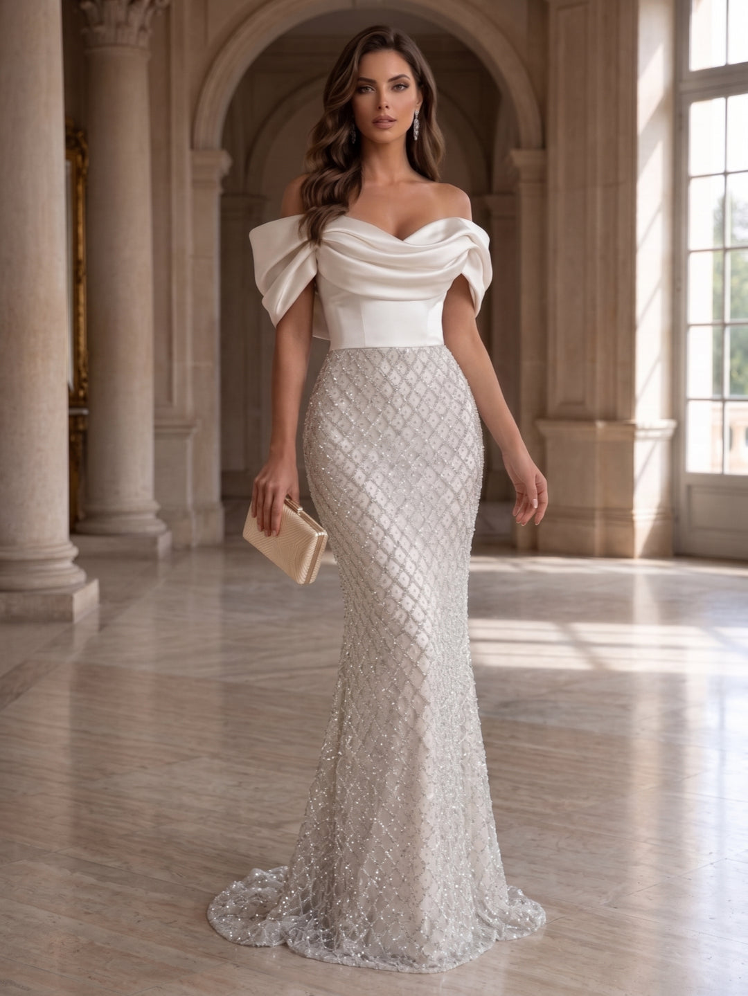 Trumpet/Mermaid Off-the-Shoulder Satin Evening Dresses Sequins Ruched Floor-Length Sleeveless Formal Dresses