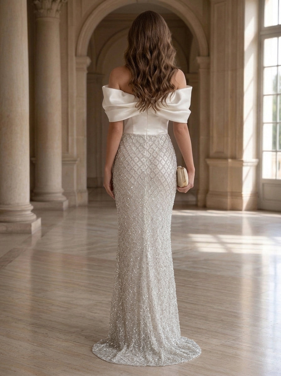 Trumpet/Mermaid Off-the-Shoulder Satin Evening Dresses Sequins Ruched Floor-Length Sleeveless Formal Dresses