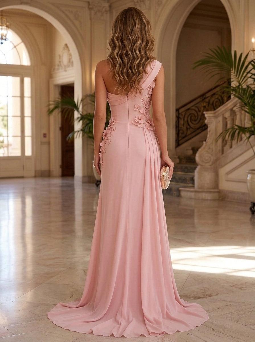 Sheath/Column One-Shoulder Chiffon Formal Dresses with 3D Flowers Floor-Length Sleeveless Evening Dresses
