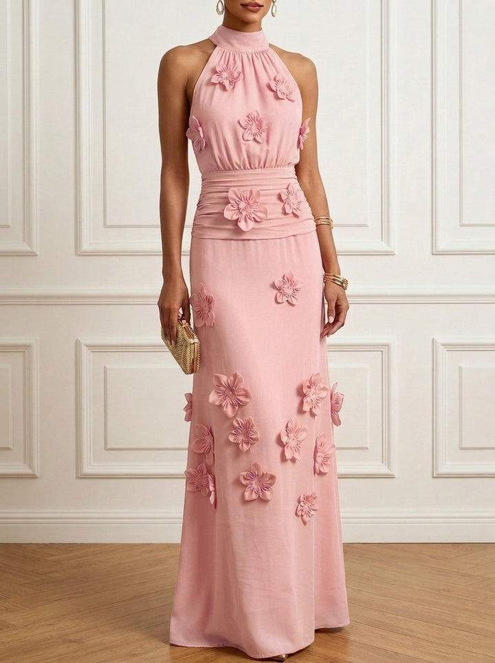 A-Line/Princess Halter Stretch Satin Formal Dresses with 3D Flowers Floor-Length Sleeveless Evening Dresses