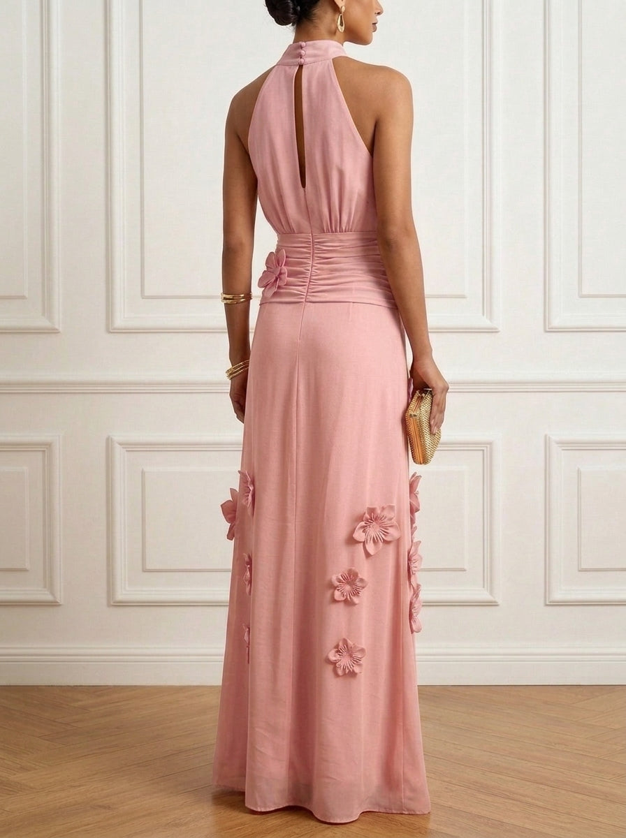 A-Line/Princess Halter Stretch Satin Formal Dresses with 3D Flowers Floor-Length Sleeveless Evening Dresses