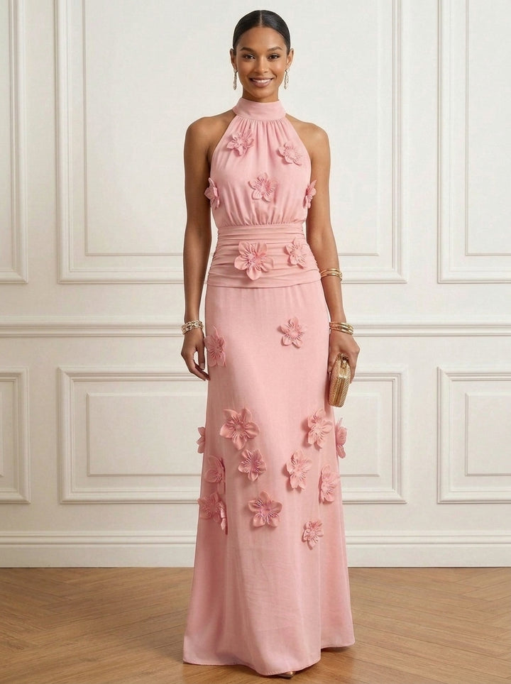 A-Line/Princess Halter Stretch Satin Formal Dresses with 3D Flowers Floor-Length Sleeveless Evening Dresses