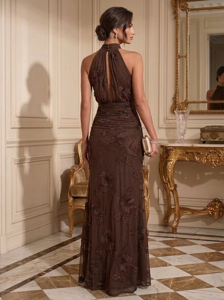 Sheath/Column Halter Lace Embroidery Formal Dresses Sleeveless Floral Floor-Length Ruched Evening Dresses