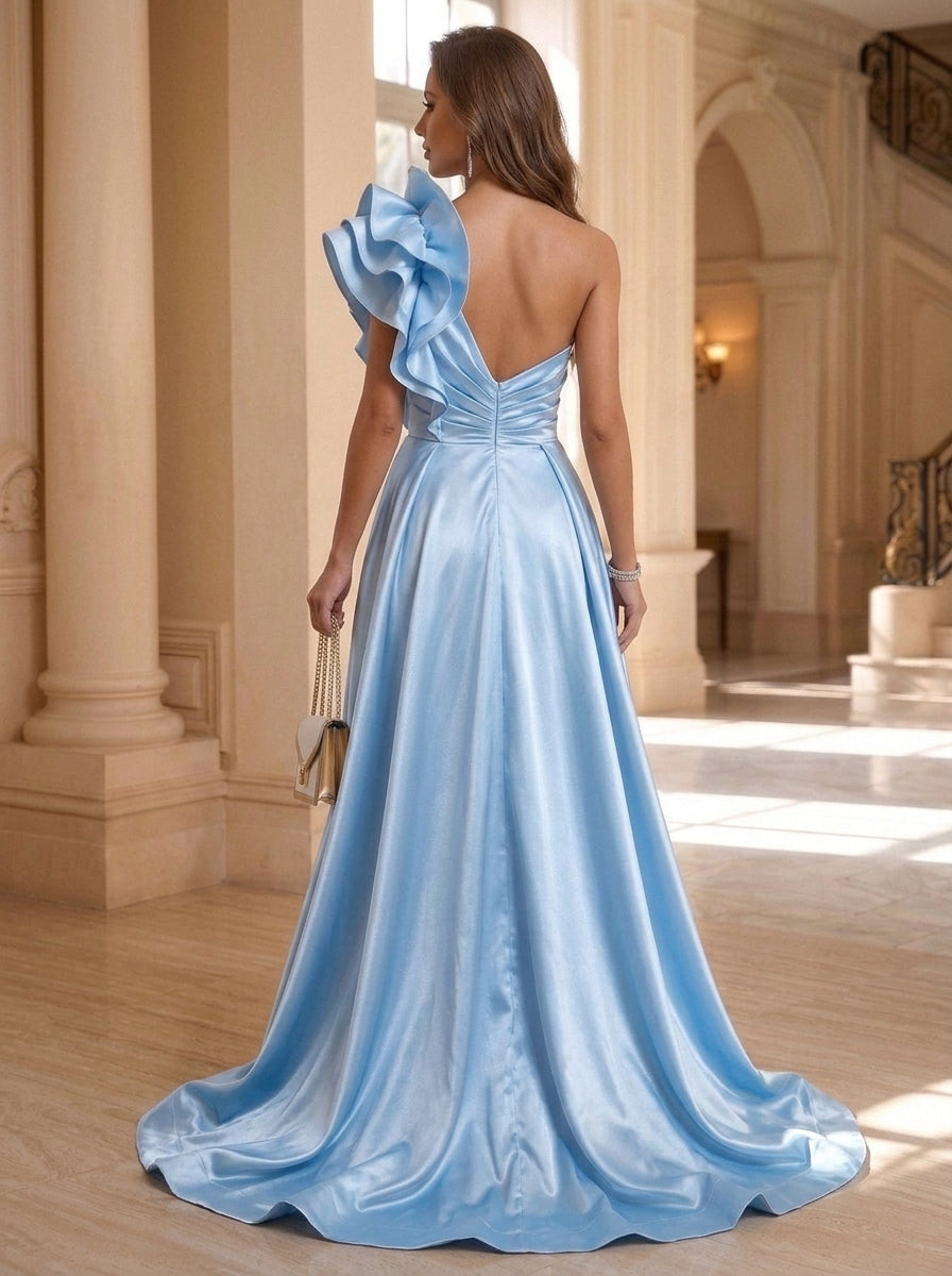 A-Line/Princess One-Shoulder Satin Formal Dresses with Overskirt Split Side Floor-Length Ruffles Sleeveless Evening Dresses