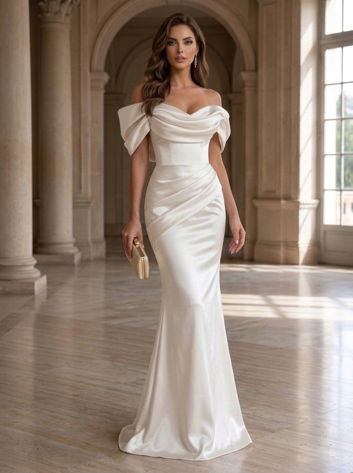 Trumpet/Mermaid Off-the-Shoulder Satin Formal Dresses Floor-Length Ruched Sleeveless Evening Dresses
