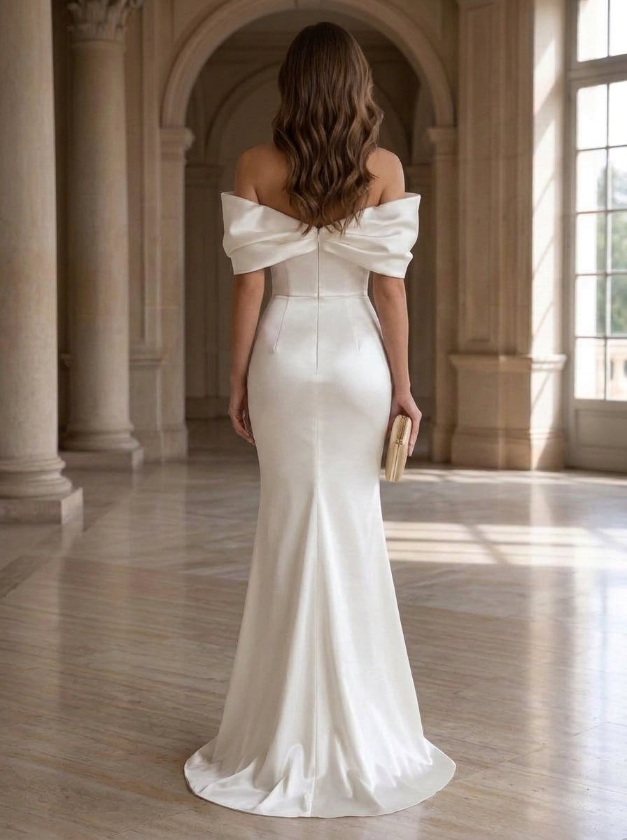 Trumpet/Mermaid Off-the-Shoulder Satin Formal Dresses Floor-Length Ruched Sleeveless Evening Dresses