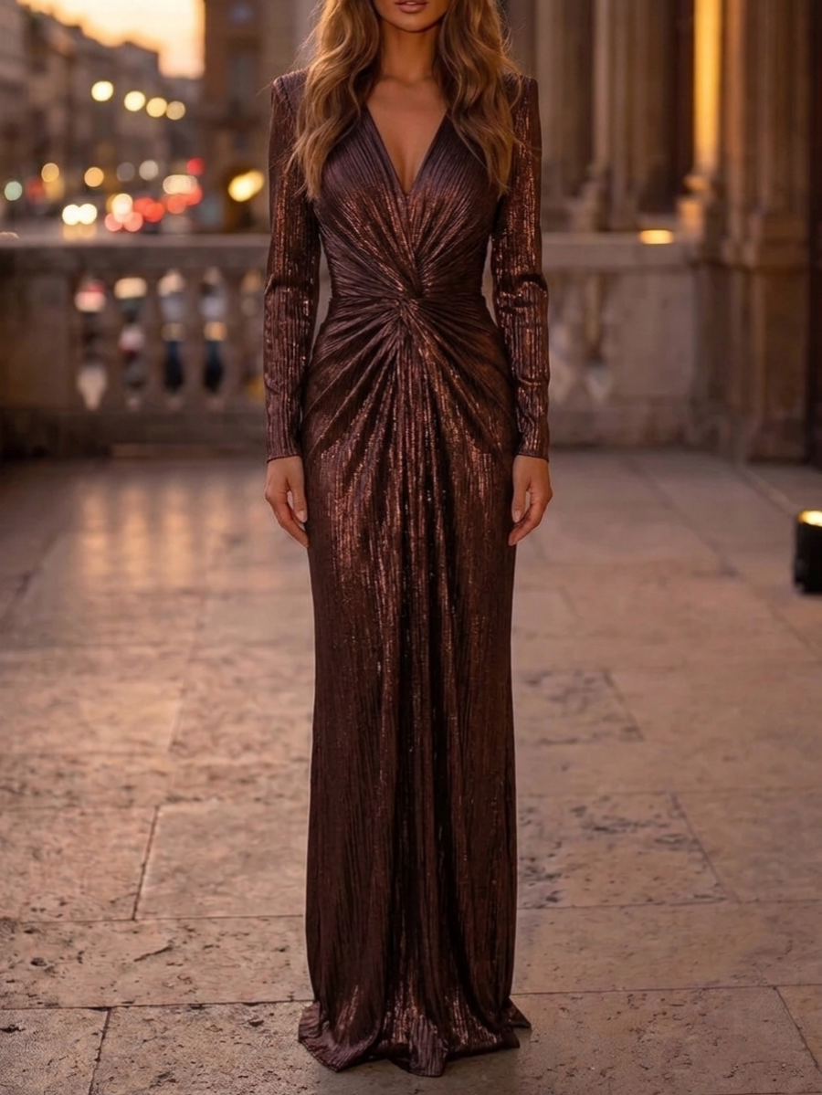 Sheath/Column V-Neck Crinkle Chiffon Evening Dresses Ruched Floor-Length Long Sleeves Formal Dresses