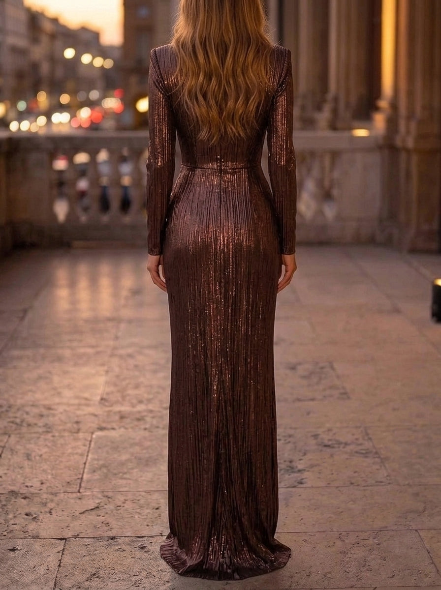 Sheath/Column V-Neck Crinkle Chiffon Evening Dresses Ruched Floor-Length Long Sleeves Formal Dresses