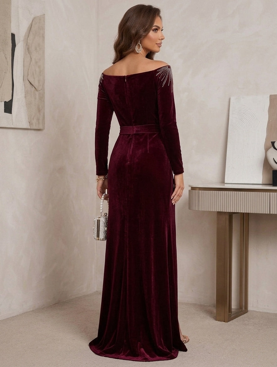 Sheath/Column Off-the-Shoulder Velvet Evening Dresses with Split Side Bowknot Floor-Length Long Sleeves Formal Dresses