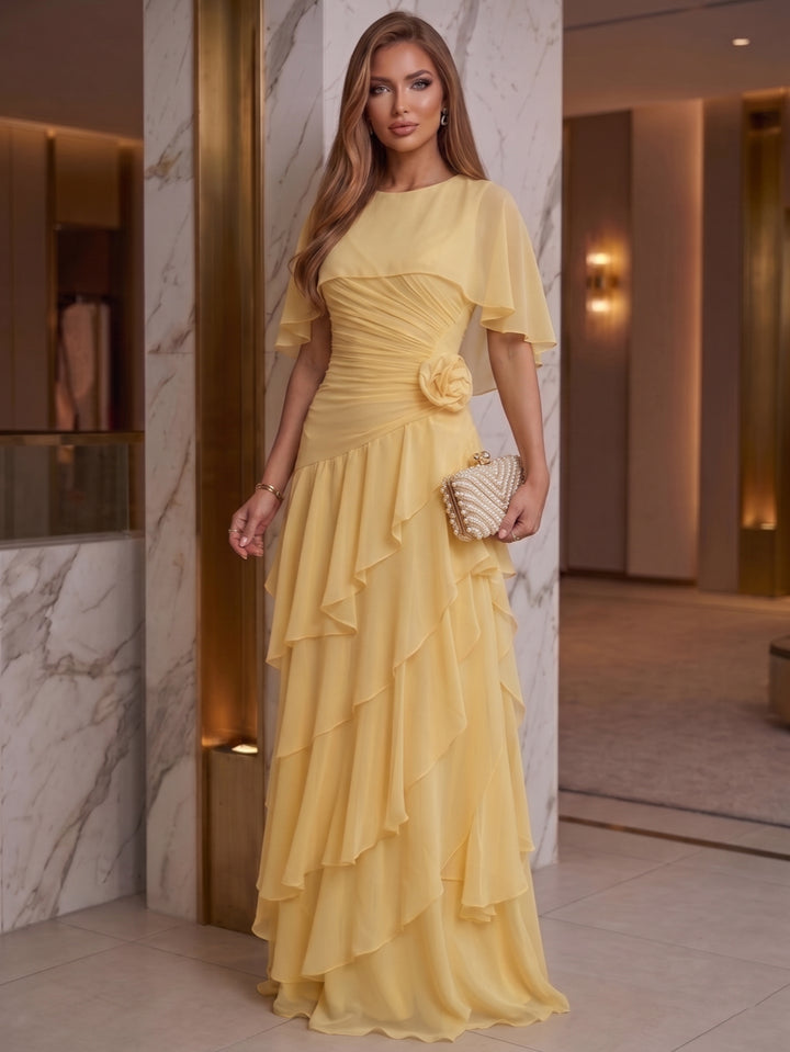 A-Line/Princess Scoop Chiffon Evening Dresses with 3D Flowers Floor-Length Cape Sleeves Ruffles Formal Dresses