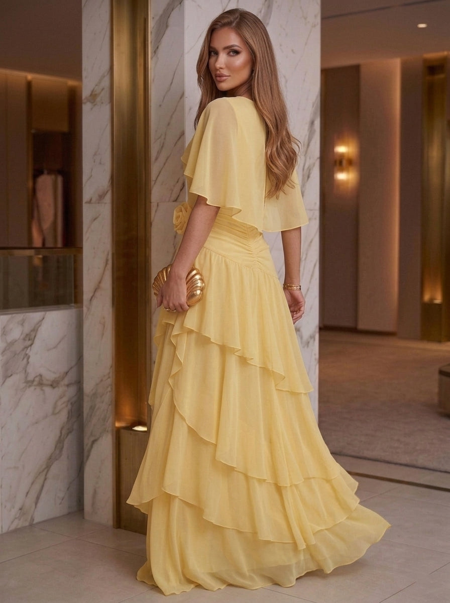A-Line/Princess Scoop Chiffon Evening Dresses with 3D Flowers Floor-Length Cape Sleeves Ruffles Formal Dresses