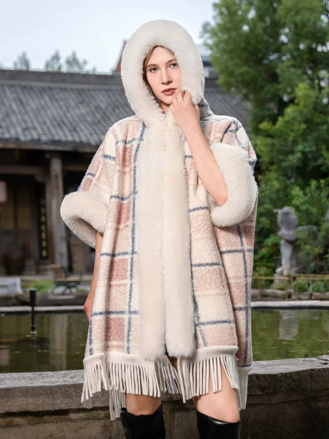 Women’s Winter Plaid Warm Knit Fleece Cape Shawl/Wrap with Tassels