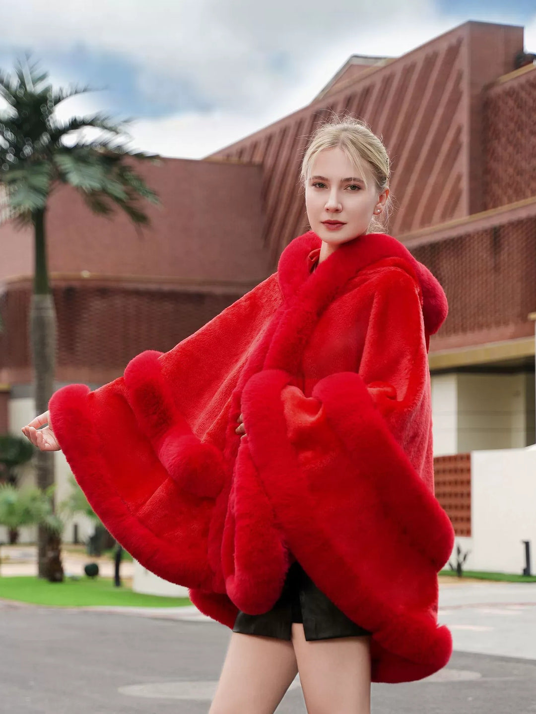 Women’s Winter Solid Color Faux Fur Red Cape Shawl/Wrap