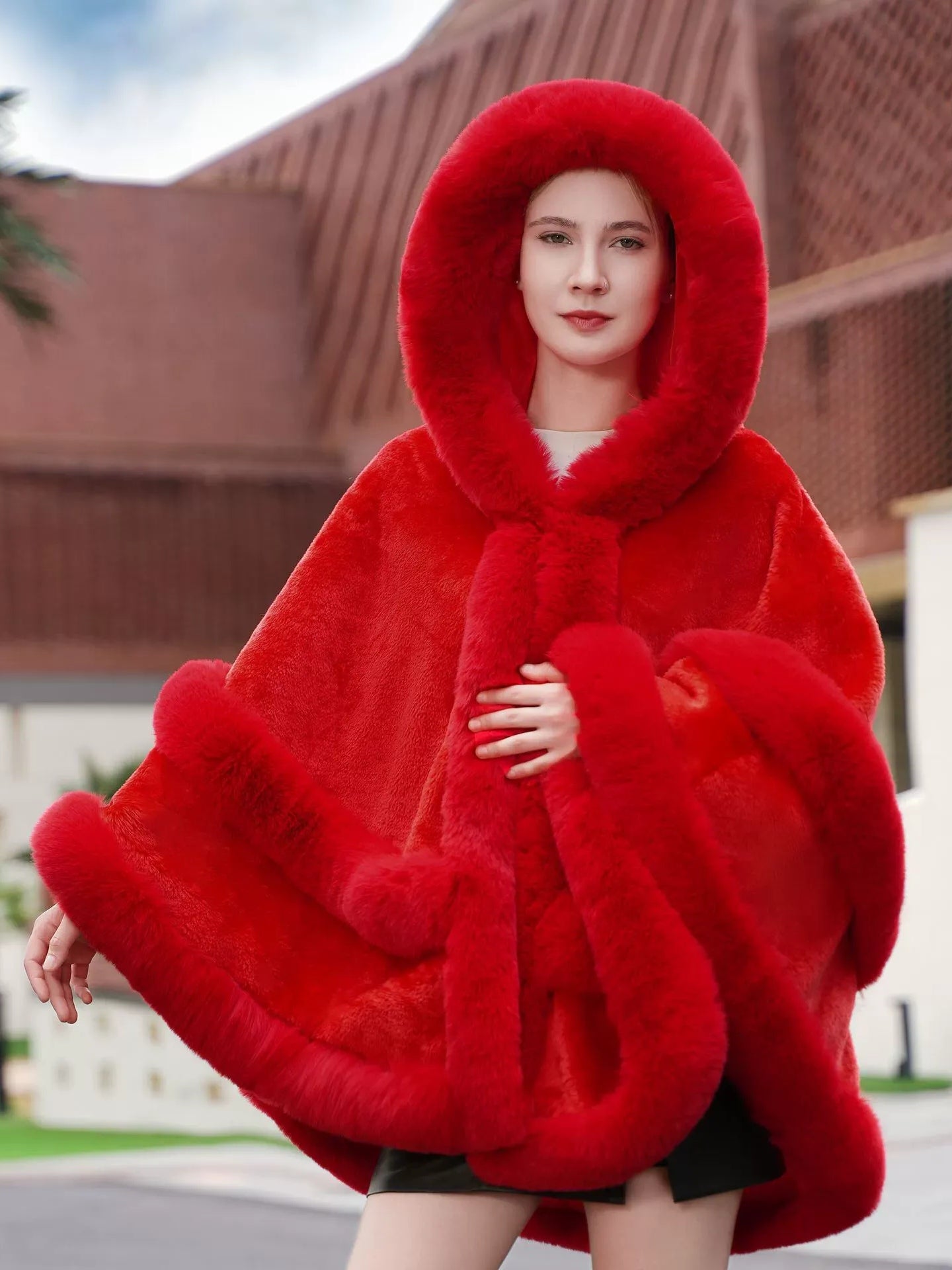 Women's Winter Solid Color Faux Fur Red Cape Shawl/Wrap - Mondressy