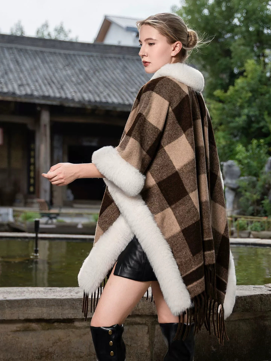 Women’s Plaid Winter Cape Shawl/Wrap with Tassels