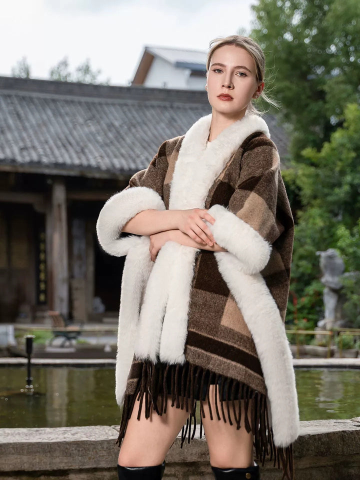 Women’s Plaid Winter Cape Shawl/Wrap with Tassels