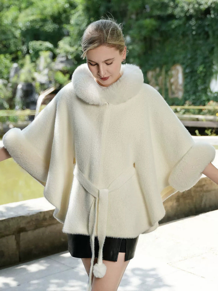 Elegant White Faux Fur Trim Belted Cape Shawl/Wrap for Women