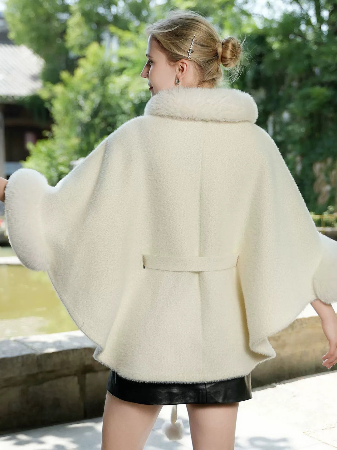 Elegant White Faux Fur Trim Belted Cape Shawl/Wrap for Women