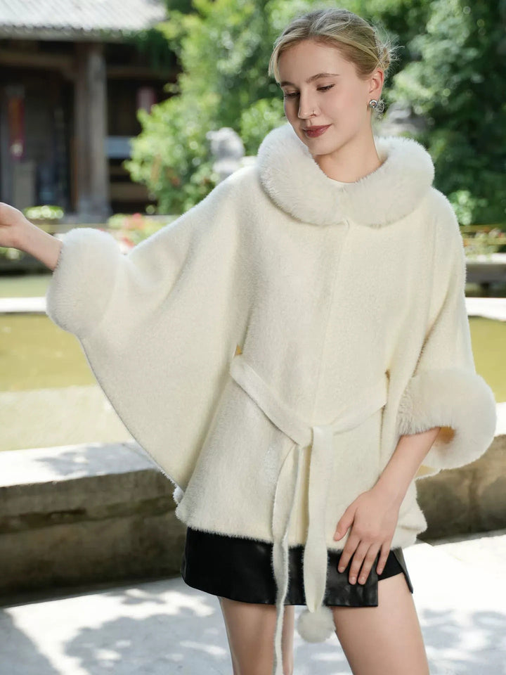 Elegant White Faux Fur Trim Belted Cape Shawl/Wrap for Women