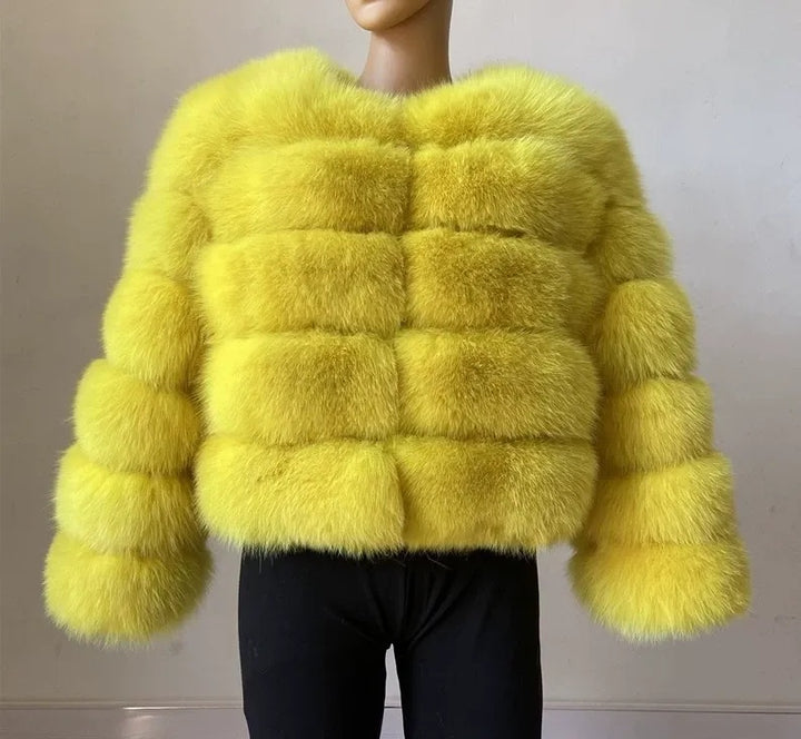 Women’s Bold Yellow Faux Fur Short Coat – Statement Winter Jacket