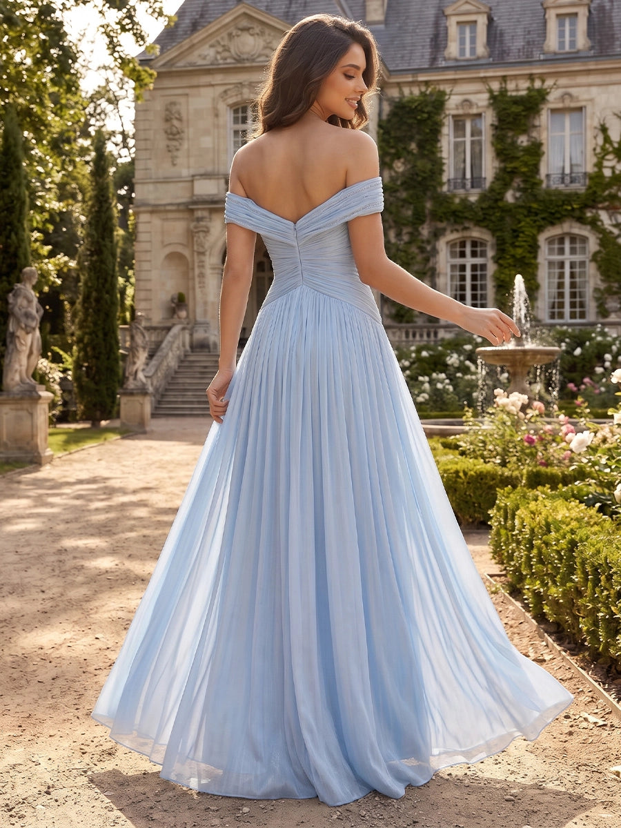 A-Line/Princess Off-the-Shoulder Formal Dresses Crinkle Chiffon Beading Floor-Length Sleeveless Evening Dresses