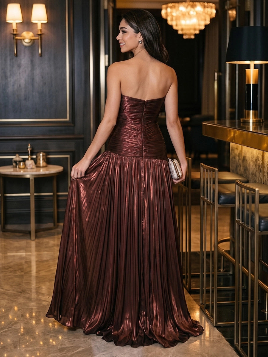 A-Line/Princess Strapless Crinkle Chiffon Evening Dresses with Split Side Ruched Floor-Length Sleeveless Formal Dresses