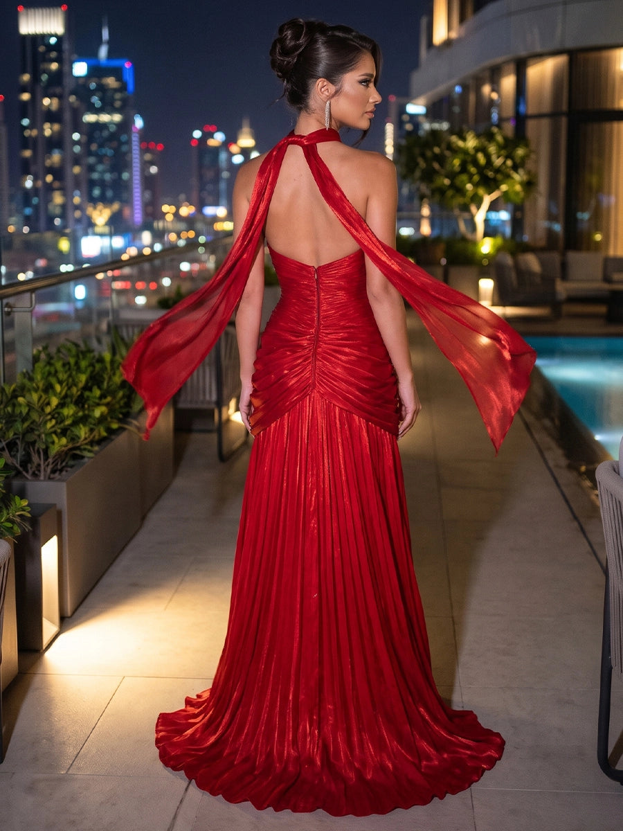 A-Line/Princess Strapless Crinkle Chiffon Evening Dresses with Neck Scarf Ruched Floor-Length Sleeveless Formal Dresses