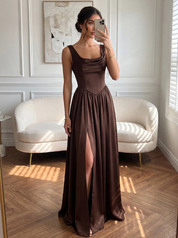 A-Line/Princess Cowl Neck Satin Formal Dresses with Split Side Pleated Floor-Length Sleeveless Evening Dresses