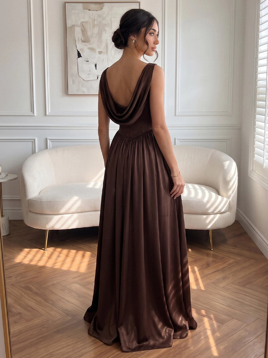 A-Line/Princess Cowl Neck Satin Formal Dresses with Split Side Pleated Floor-Length Sleeveless Evening Dresses