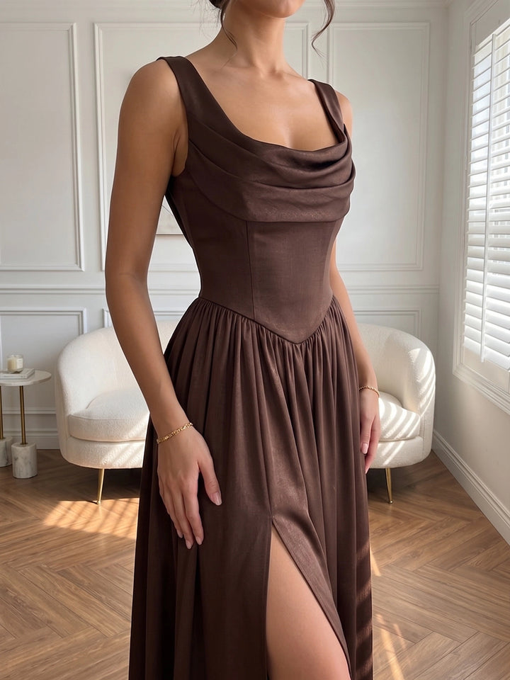A-Line/Princess Cowl Neck Satin Formal Dresses with Split Side Pleated Floor-Length Sleeveless Evening Dresses