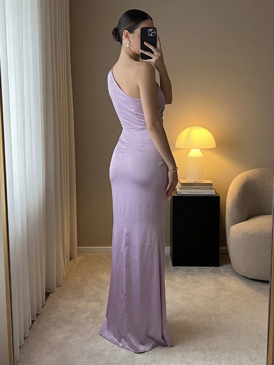 Sheath/Column One-Shoulder Satin Formal Dresses Ruched Ankle-Length Sleeveless Evening Dresses