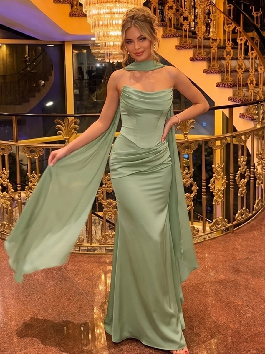 Trumpet/Mermaid Strapless Satin Formal Dresses with Neck Scarf Ruched Floor-Length Sleeveless Evening Dresses