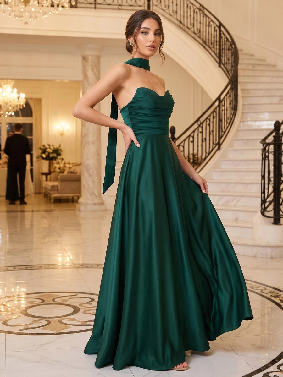 A-Line/Princess Strapless Satin Formal Dresses with Neck Scarf Ruched Floor-Length Sleeveless Evening Dresses
