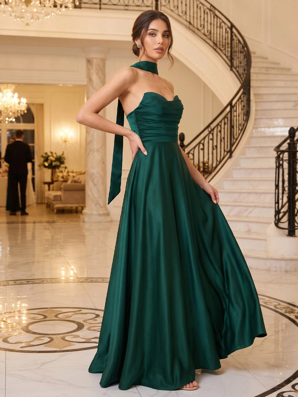 A-Line/Princess Strapless Satin Formal Dresses with Neck Scarf Ruched Floor-Length Sleeveless Evening Dresses