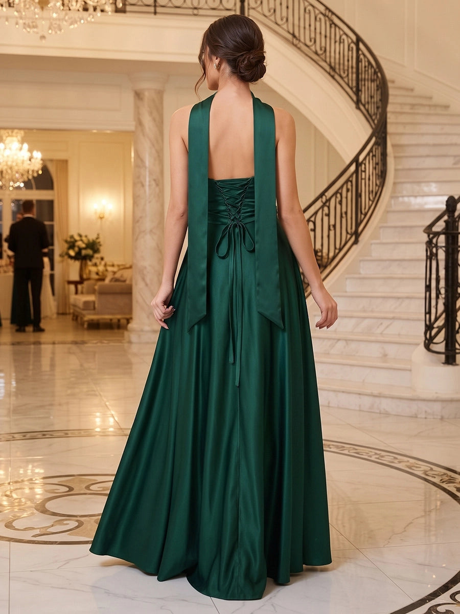 A-Line/Princess Strapless Satin Formal Dresses with Neck Scarf Ruched Floor-Length Sleeveless Evening Dresses