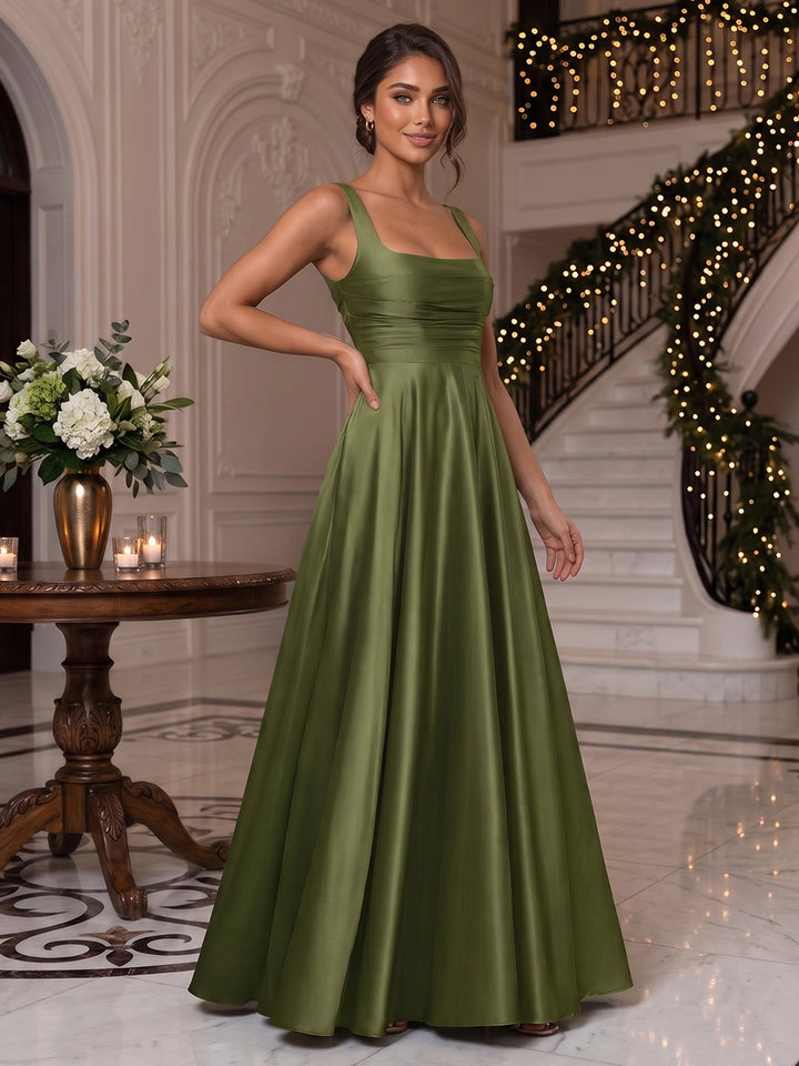 A-Line/Princess Square Collar Satin Formal Dresses Floor-Length Ruched Sleeveless Evening Dresses