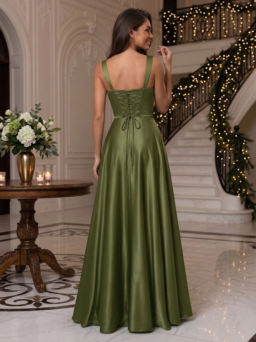 A-Line/Princess Square Collar Satin Formal Dresses Floor-Length Ruched Sleeveless Evening Dresses