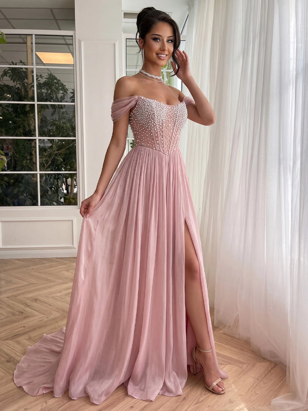 A-Line/Princess Off-the-Shoulder Crinkle Chiffon Formal Dresses with Split Side Beading Floor-Length Sleeveless Evening Dresses