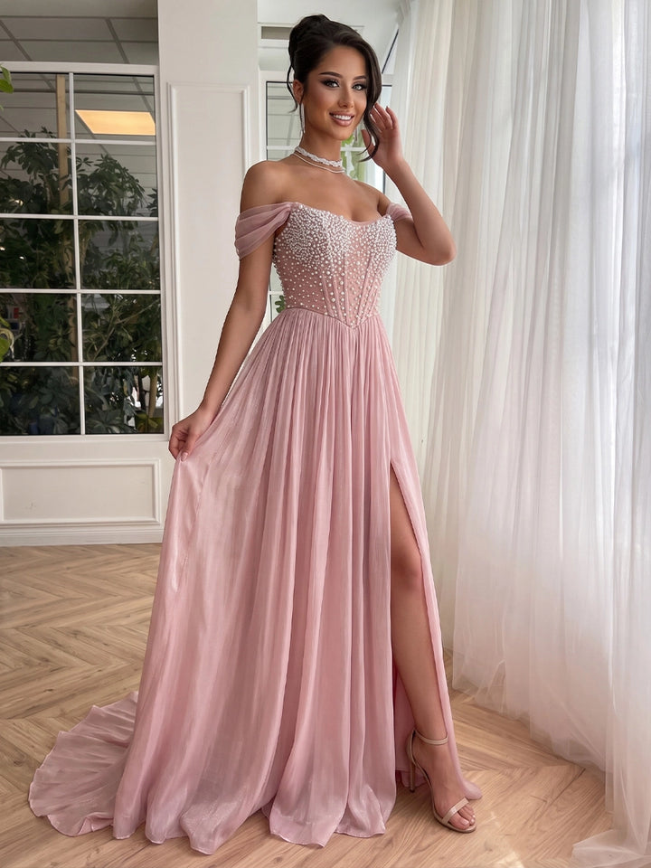A-Line/Princess Off-the-Shoulder Crinkle Chiffon Formal Dresses with Split Side Beading Floor-Length Sleeveless Evening Dresses