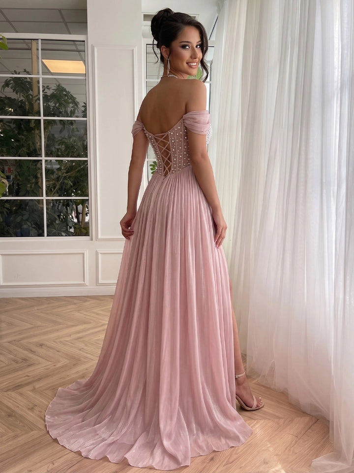 A-Line/Princess Off-the-Shoulder Crinkle Chiffon Formal Dresses with Split Side Beading Floor-Length Sleeveless Evening Dresses